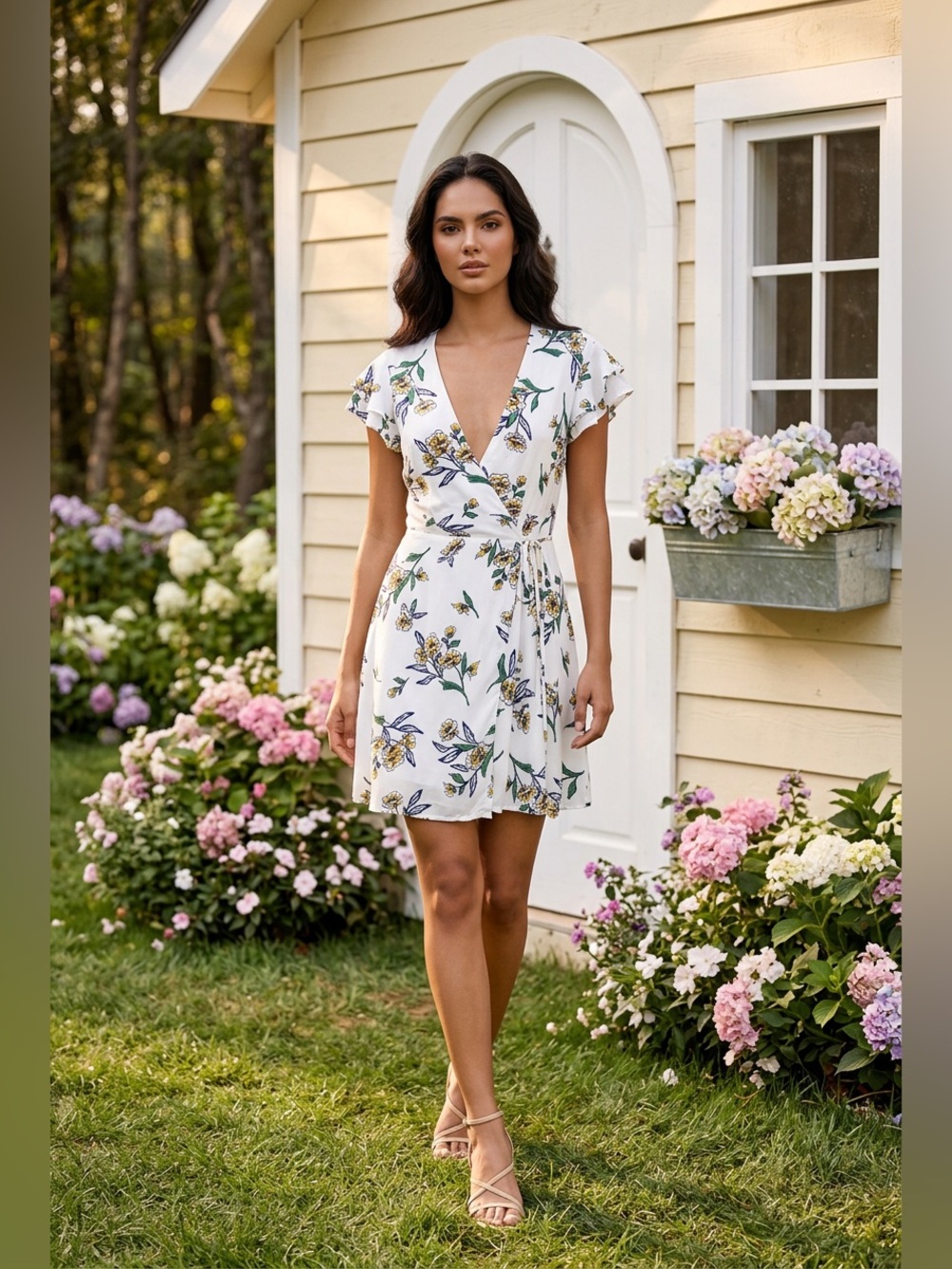 Harper White Floral Wrap Mini Dress with Yellow & Green Bloom